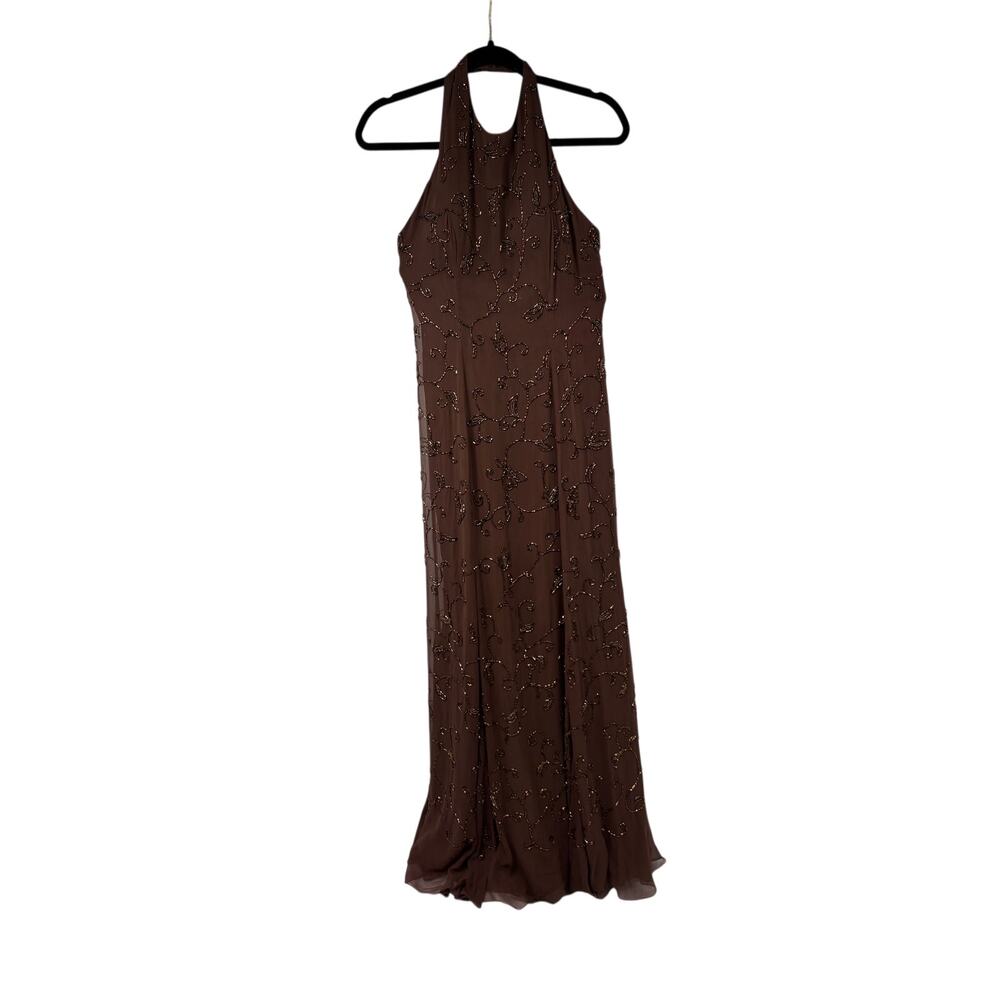 Cassandra Stone Brown 100% Silk Floral Beaded Halter Formal Prom Dress Womens 8